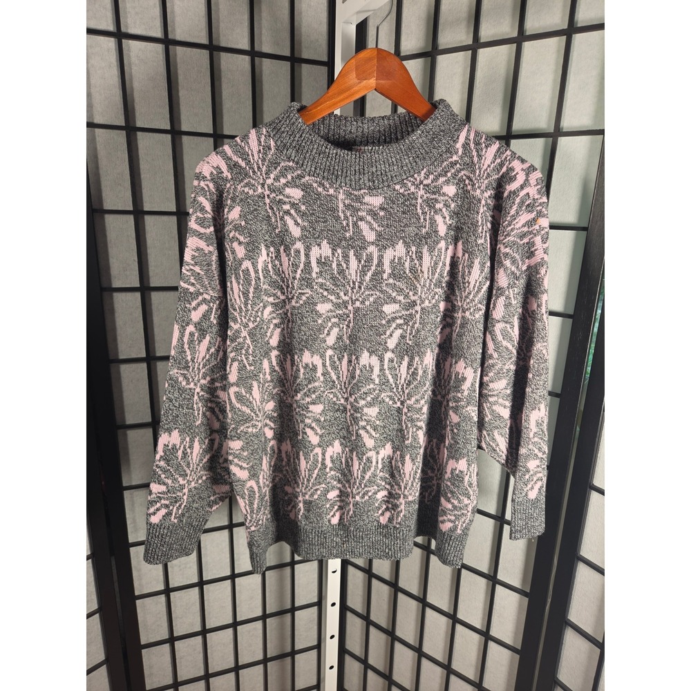 Distinctive Sportswear Vintage Pink Grey Abstract Floral Mock Neck Sweater XL